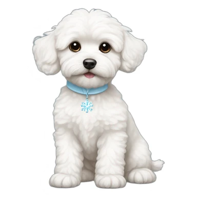 white maltipoo with a light blue snowflake on the nose sticker