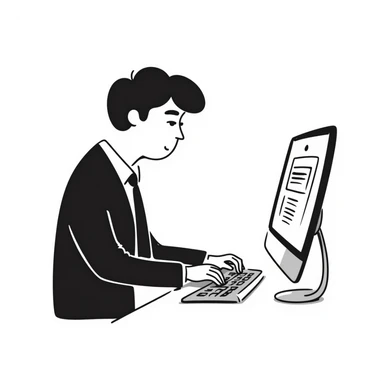 A person in a business suit working on a computer sticker