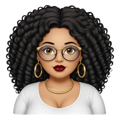 big plus size, latina, darker tan skin, gold hoops, long black curly hair, baddie,pretty, makeup, dark red lipgloss, black eyeliner, long hair, black shirt, black glasses sticker