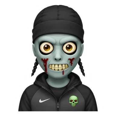 a zombie emoji with black dreads and a black nike jacket and black nike ski mask on his head sticker