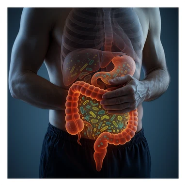 Hyperrealistic 4K anatomical view of a human body in a similar position to the reference image, with the intestine highlighted and glowing. No parasites present, but showing dysbiosis with visible bacteria and microorganisms inside the intestine. Medical atmosphere, highly detailed and realistic. sticker