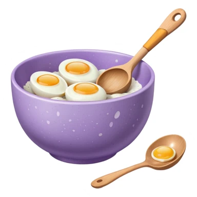 a lilac ceramic mixing bowl with a wooden spoon stirring and sitting next to it is a few eggs sticker
