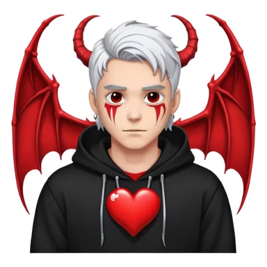 man with black and white hair, half black face, red horns, black hoodie, red wings, dragon skeleton, heart necklace sticker