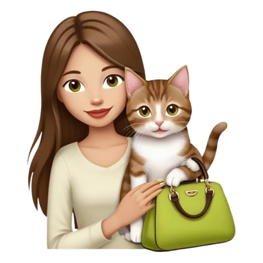 Woman with super long straight brown hair, rosy lips, chartreuse eyes, cute happy smile holding a white and brown tabby kitten, wearing a black purse sticker