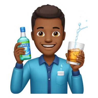 Black man with sparkling teeth, holding mouthwash and whiskey, cheerful expression, emoji style sticker