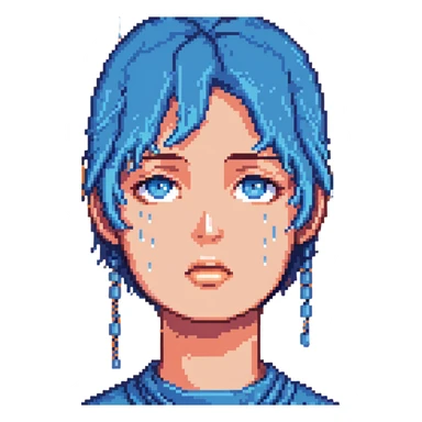 Pixelated face with blue sweat droplets, nervous expression sticker