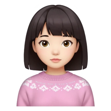 a asian japanese girl with a dark brown bob with curtain bangs, wearing a pastel pink wintery sweater sticker