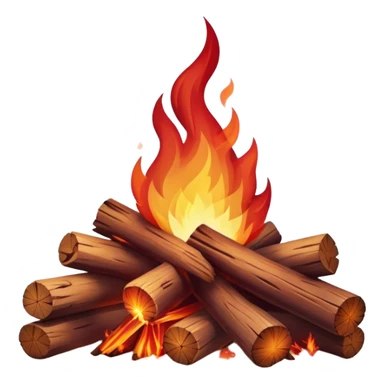 Cinematic Realistic Campfire, a roaring flame crackling atop carefully arranged logs, embers glowing deep red, golden light casting soft flickering shadows, gentle smoke drifting upwards, glowing with warmth and coziness. sticker
