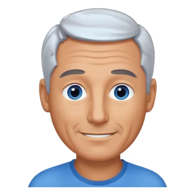 Middle aged man with tanned skin, receding dark grey hair and no beard, blue eyes, shy smile sticker