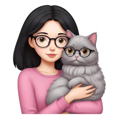 Beautiful skinny woman medium black hair with oval glasses in pink outfit hug persian-angora grey cat sticker