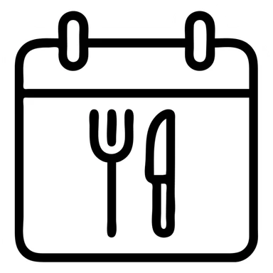 minimalistic bold black-and-white icon, square, flat, no gradients, calendar with a fork and knife parallel inside, clean geometric lines, modern, inspired by Netflix and Lifesum, vector style, suitable for dark and light mode sticker