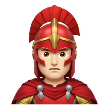 Emoji portrait of a Spartan warrior. Crested helmet, red cloak, determined expression. sticker