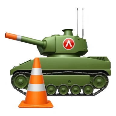 green military tank crushing a traffic cone with a sad face directly underneath its treads, emoji style sticker