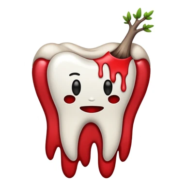 Minimalist emoji-style sticker of a pulled tooth with roots and a smear of blood at the base. Black and desaturated red colors. Flat, clean outline on white.
 sticker