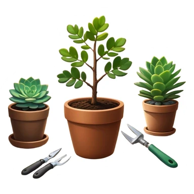 Close-up of a potted sapling in rich soil surrounded by vibrant plants and succulents. Bright sunlight filters through the window, casting soft shadows. Nearby gardening tools rest on a wooden table. Cozy indoor atmosphere with greenery and flowers. sticker