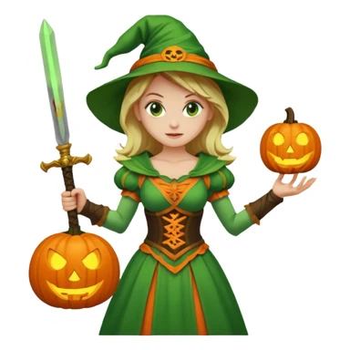 Woman Hunter With Jack o Lantern, wearing green costume, with sword sticker