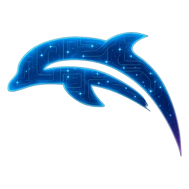 Transform the Dolphin emulator logo into a cyberpunk, holographic style with glowing neon blue and pink edges and intricate circuit patterns throughout the entire logo. Maintain the recognizable dolphin outline but make the logo more solid and filled in, not overly transparent. Overlay neon and circuit effects in a consistent futuristic, clean cyberpunk glow style with intricate circuit details. The background should be transparent. sticker
