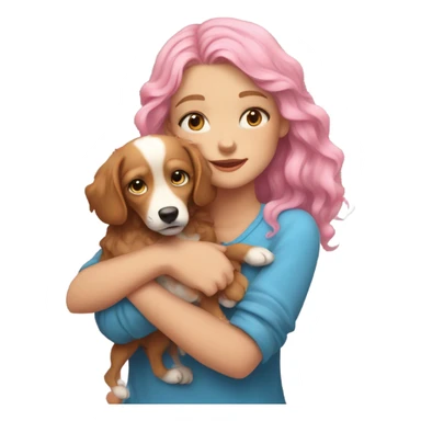Please create a girl who hugs her pet doggie. The girl has a cute face and so does the doggie. The girl has light skin, blue eyes and pink wavy long hair. sticker