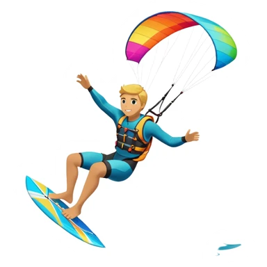 A kitesurfer soaring through the sky, harnessing the wind on a bright, colorful kite. The scene shows the surfer gliding over the water with the kite above, emphasizing the freedom, speed, and thrill of the sport in a dynamic coastal setting. sticker