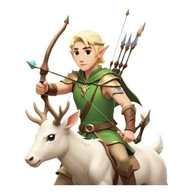clash-of-clans-aesthetic-blond-male elf-archer-portrait-emoji, rendered in a flat, vector-style with minimal shading and bold holding his bow, simplified shapes, head tilted slightly forward with a determined, focused expression, riding a majestic white stag whose antlers glow with mystical energy, set against an ancient, enchanted forest backdrop. sticker