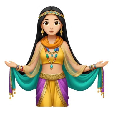 Mujer joven, morena, 
Negro, largo y brillante, suele ir cubierto parcialmente por un velo o pañuelo oriental.inspiración árabe: túnica colorida , con detalles dorados o lentejuelas; brazaletes y pendientes.cuerpo entero sticker