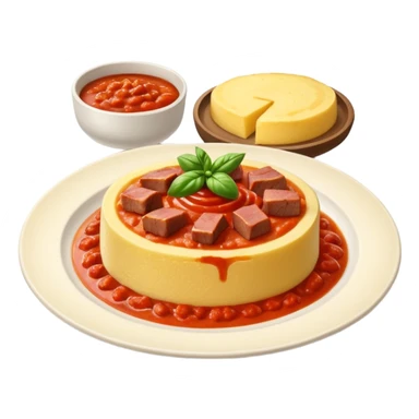 Creami l’emoji di una polenta su un piatto con il sugo e la carne sopra sticker