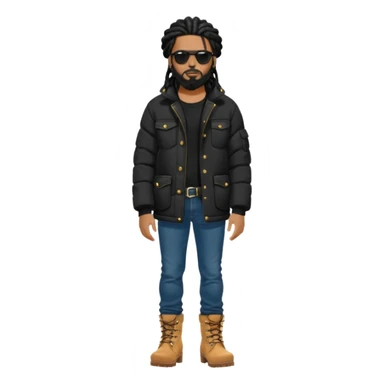 African American man with shoulder length black dreadlocks with black beard wearing black sunglasses wearing a black bubble winter coat wearing denim skinny jeans wearing wheat timberland boots standing up thinking sticker