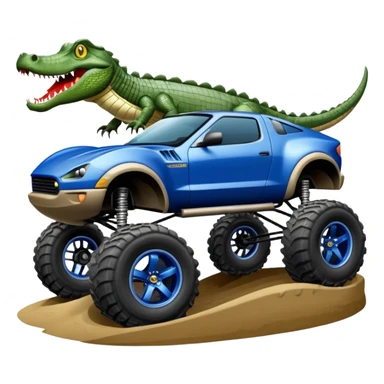 Dirty Joke’s Midnight-blue Local Motors Rally Fighter off road race car being driven by a five foot tall alligator, in the driver’s seat, over a dirt ramp  sticker