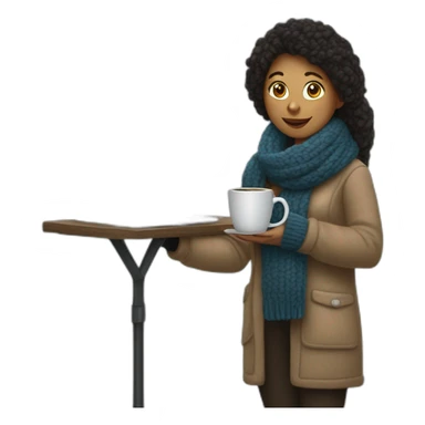 long straigh woolly shirt and black woolly scarf and holding a closed laptop on her left hand and a coffee mug on her right hand not full body shot sticker