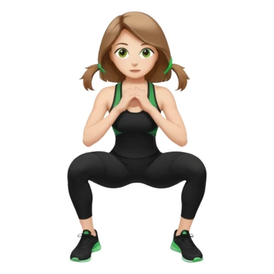 Beautiful woman with light brown shoulder length hair popping a squat without any weights. Make her with a little lighter, brown hair and green eyes. Make her fair skinned and wearing a black workout suit. sticker