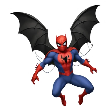 fusion of Batman and Spiderman, superhero mashup, swinging through the city, bat wings and spider web, no text sticker