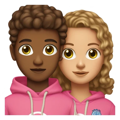 Brunette girl light skin with long hair and green eyes and gold earring hoops wearing a pink hoodie hugging a brunette boy with brown eyes light skin and curly brown hair wearing a soccer jersey  sticker
