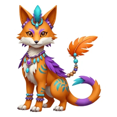 Kawaii cute orange purple turquoise exotic tribal beautiful pretty elegant divine edgy feline-vernid-sergal-Fakémon-Pokémon-Digimon-fursona-animal-creature with bracelet, necklace, full body, with intricate detailed markings, feather headdress  sticker