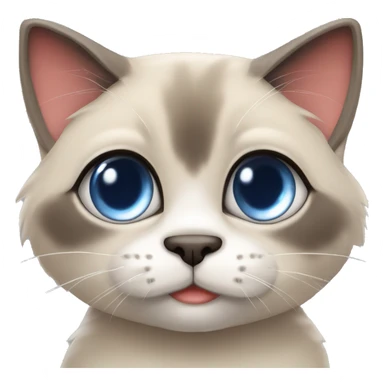 Long, chubby, cute, flat beige fur, blue round eyes, round pupils, Siamese and ragdoll mix cat, a grey face pattern, fur in his ears, wearing a red ribbon, a long slim tail, darker paws sticker