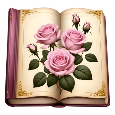 Antique book with pressed light pink roses, golden details on the cover, soft vintage lighting. sticker