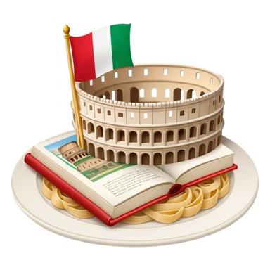 An icon featuring the Colosseum and the flag of Italy, symbolizing the Italian language. The design includes an open book with Italian phrases and a plate of pasta, representing language learning and cultural heritage. Transparent background sticker