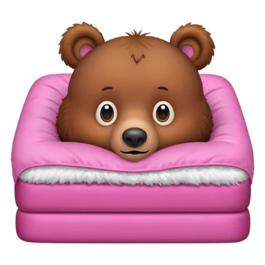 A brown bear in a pink bed, upside down and looking at the viewer with a quirky expression. sticker