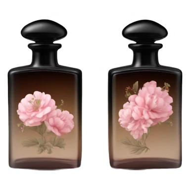 Two English vintage glass perfume bottles from my aristocratic grandmother, exquisite bottle shape, old and shabby, with label, stylish and minimalistic, black and brown with pink gradient, with little herbal and flowers  sticker
