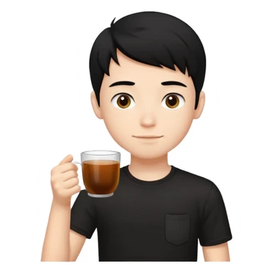 The boy teen have a black hair, and black T-shirt with a cup of tea. blue background  sticker