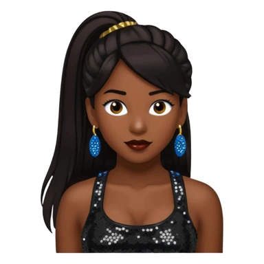 Chilli from TLC with long dark brown ponytail hair, black sequin crop top, black earring, dark skin sticker