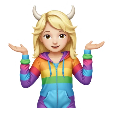 Cute blonde girl dancing in a rainbow onesie with cow horns  sticker