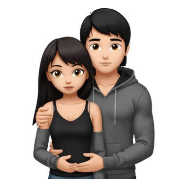 generate a pretty bratz girl in black cami top, dark brown straight long hair with bangs, eyeliner on, 

hugging a handsome muscular boy with black hair and a grey hoodie sticker