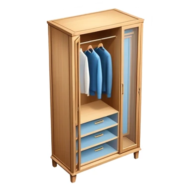 Icon for Furniture Design: a semi-transparent 3D wardrobe on top of a blueprint, with design metrics and measurements around it. The icon should represent the design and development process of furniture. Transparent background. sticker