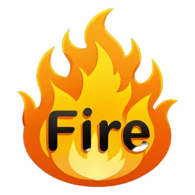 small flame icon emoji with the word 'FIRE' in bold comic-style letters in the center, thick black outline, vibrant orange and yellow, designed for chat reactions and YouTube memberships sticker