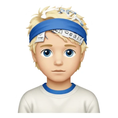 Create a look for a blond boy with long, tousled hair, light eyes, a white sweater, a wealthy appearance, blue eyes, and accessories like a Rolex or Cartier watch, and a cute face with messy hair down. blue eyes + headband white sticker