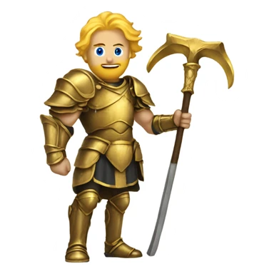Man with golden hair and golden armor holding a scythe sticker