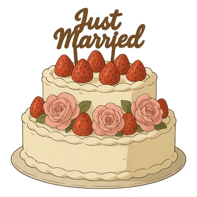 white wedding cake with strawberries, pink roses, 'Just Married' topper, ghibli style sticker