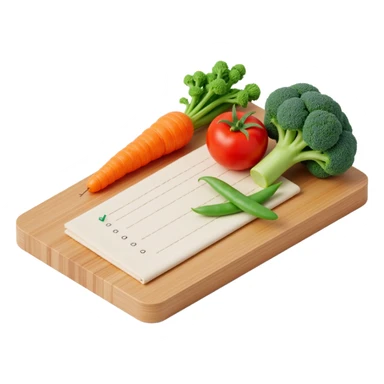"3D isometric illustration of a wooden cutting board with fresh vegetables (carrot, broccoli, tomato, peas), a paper grocery list with checkboxes, soft lighting, realistic textures, floating shadows, minimalistic style, dark background, modern food planning app aesthetic sticker