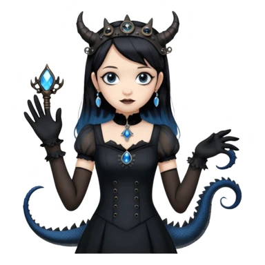 Slim fitting seductive dress Holed and worn Lavish black evening gown with see-through wispy black gloves , Jenna Ortega as student Addams woman wearing a steampunk style mini tiara, very large blue evil-looking horned old dragon companion with evil eyes  sticker