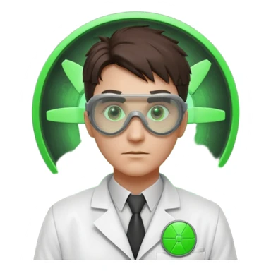 nuclear scientist portrait, head and shoulders only, wearing lab coat collar, protective goggles, glowing green radiation symbol badge, serious expression, sci-fi laboratory vibe, 3D cartoon, mobile game icon style, clean background, no text, no watermark
 sticker